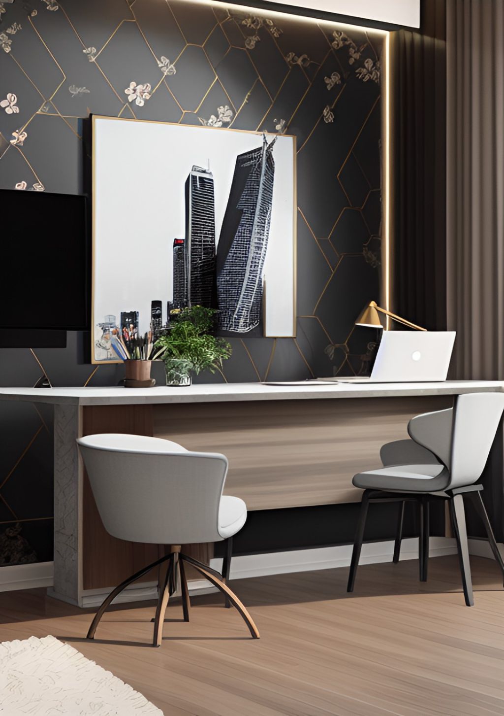 design interior office minimalis modern ( desain ruangan kantor modern ) warna putih hitam granite aksen emas