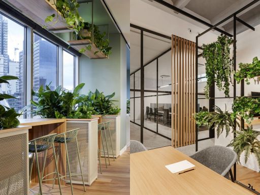 design interior office ( kantor ) office minimalis dengan sentuhan tropis tumbuhan hijau asri 