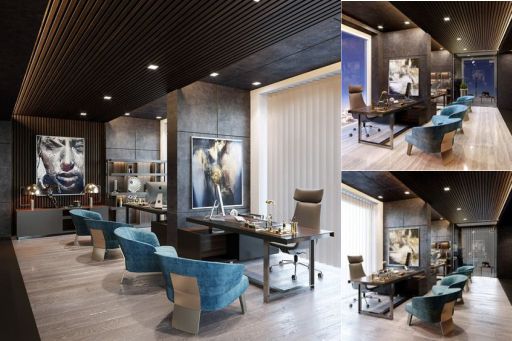 contoh desain ruangan kantor ( design office interior ) modern mewah warna coklat hitam elegant putih material hpl kayu lighting warm