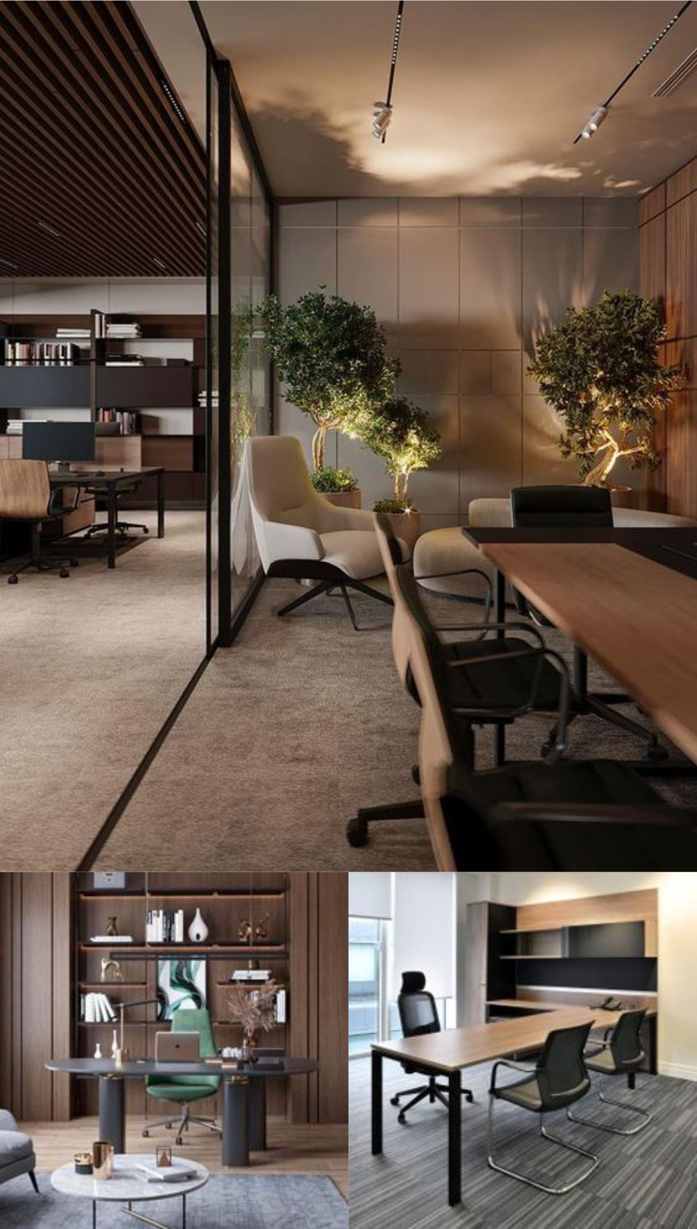 design interior office ( desain ruangan kantor ) minimalis modern warna hitam putih abu-abu material hpl kayu finishing duco flooring lvt lighting warm