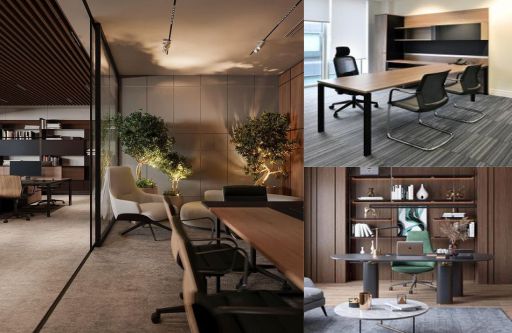 design interior office ( desain ruangan kantor ) minimalis modern warna hitam putih abu-abu material hpl kayu finishing duco flooring lvt lighting warm