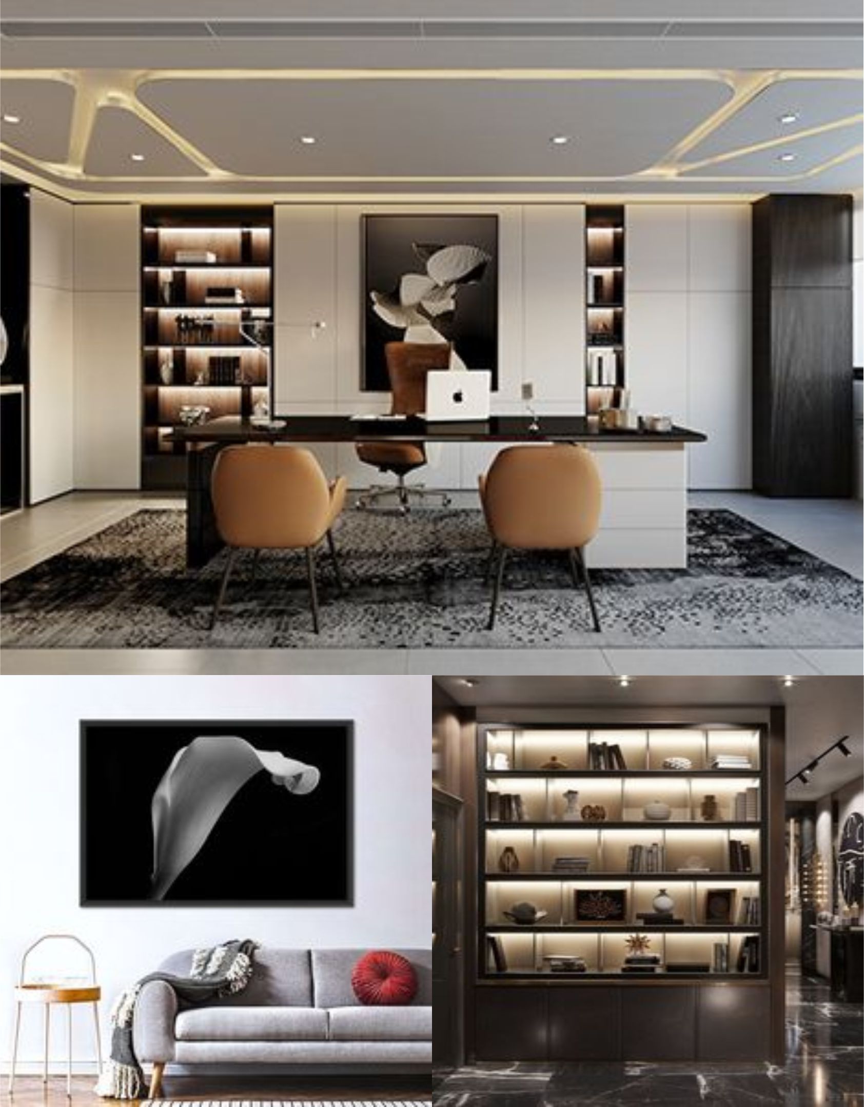 design interior office ( desain ruangan kantor ) minimalis modern warna putih kombinasi hitam material hpl kayu finishing duco flooring karpet lighting warm