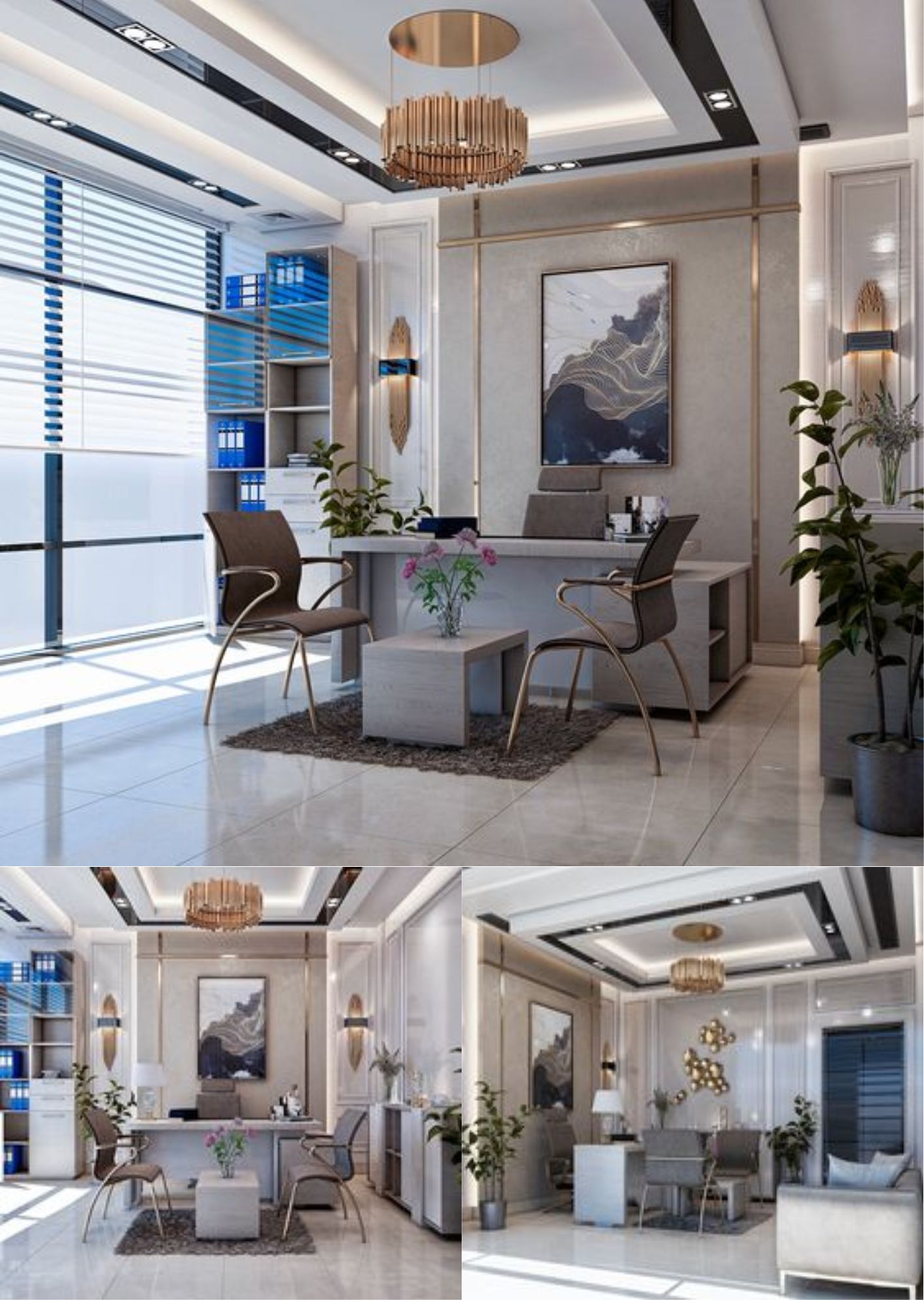 design interior office ( desain ruang kantor ) minimalis modern warna putih biru aksen gold 