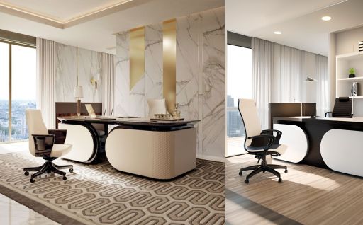 design interior office minimalis modern ( desain ruangan kantor minimalis modern ) warna putih gold hitam abu-abu flooring LVT Karpet meja unik