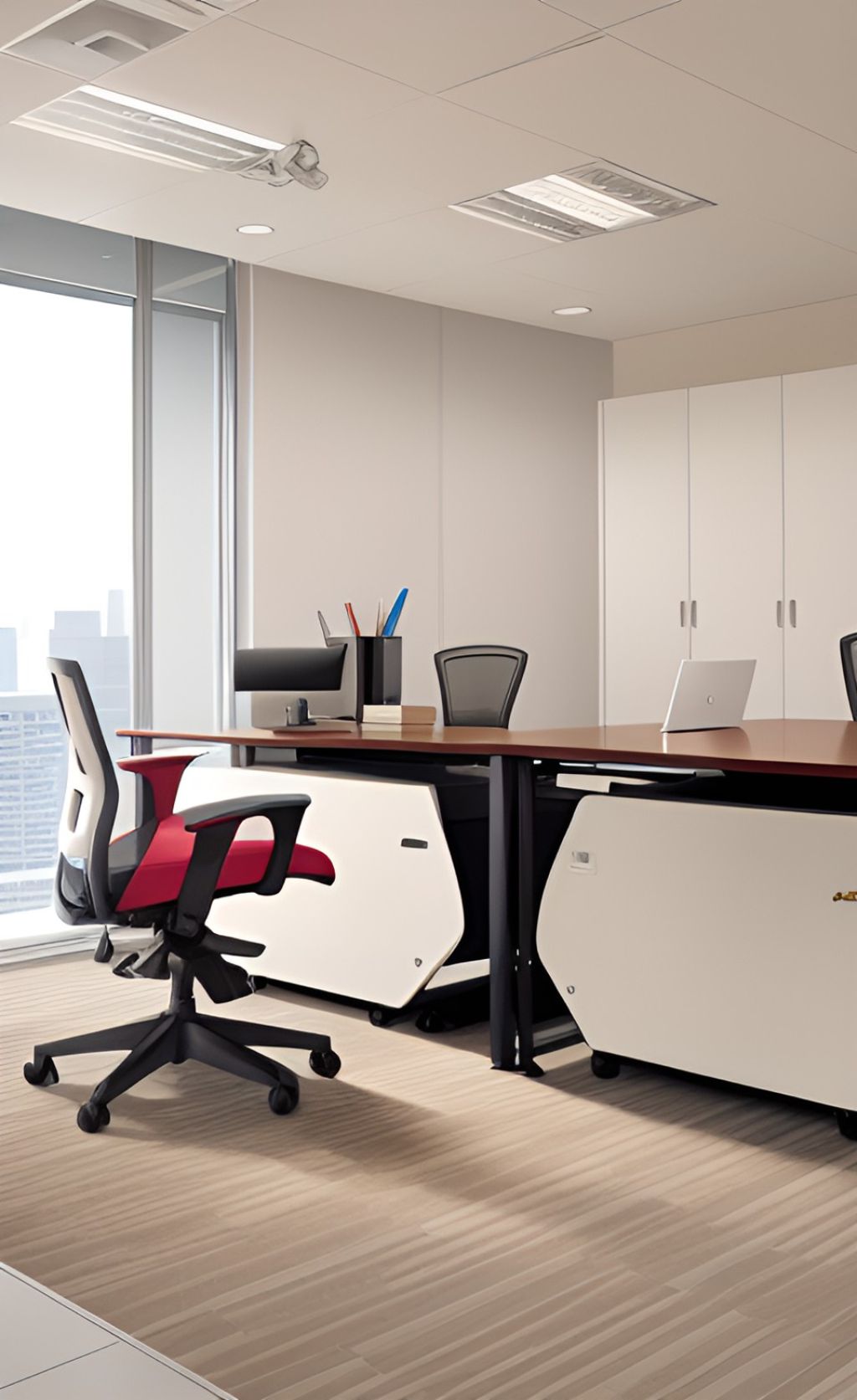 design interior office minimalis modern ( desain ruangan kantor minimalis modern ) warna putih gold hitam abu-abu flooring LVT Karpet meja unik