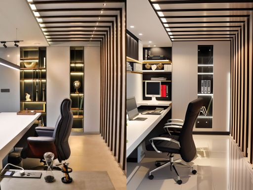 design interior office minimalist modern ( desain ruangan kantor minimalis modern ) warna dinding putih wallpanel hitam kursi hitam lantai mengkilat marmer