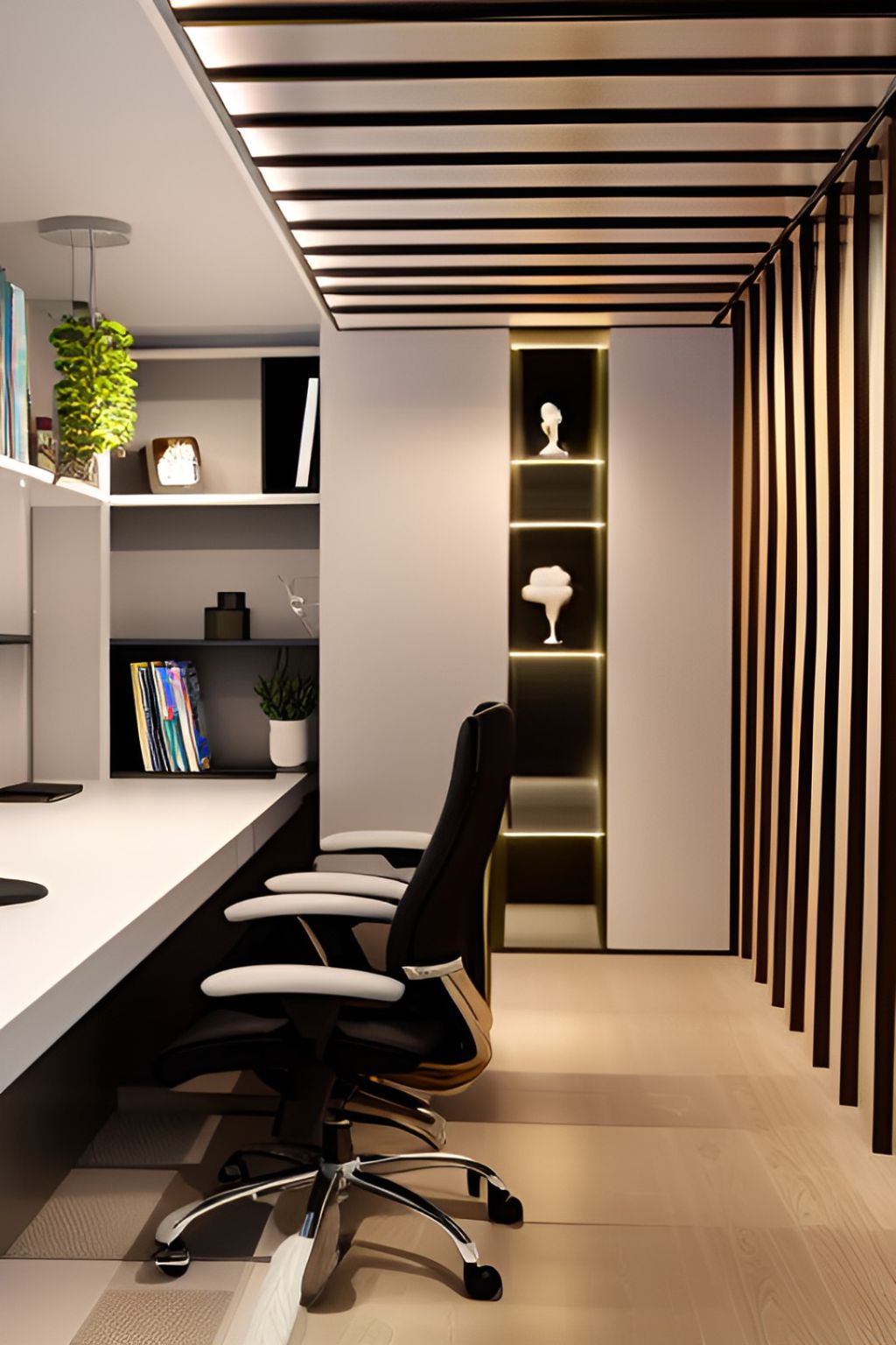 design interior office minimalist modern ( desain ruangan kantor minimalis modern ) warna dinding putih wallpanel hitam kursi hitam lantai mengkilat marmer