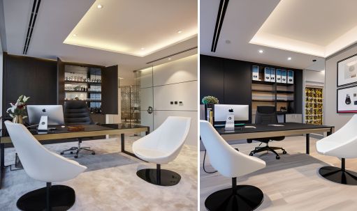 design interior office minimalist modern ( desain ruangan kantor minimalis modern ) kursi putih hitam, monitor komputer, wallpanel hitam, rak hitam , drop ceiling putih dinding putih