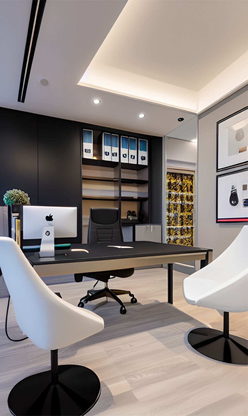 design interior office minimalist modern ( desain ruangan kantor minimalis modern ) kursi putih hitam, monitor komputer, wallpanel hitam, rak hitam , drop ceiling putih dinding putih