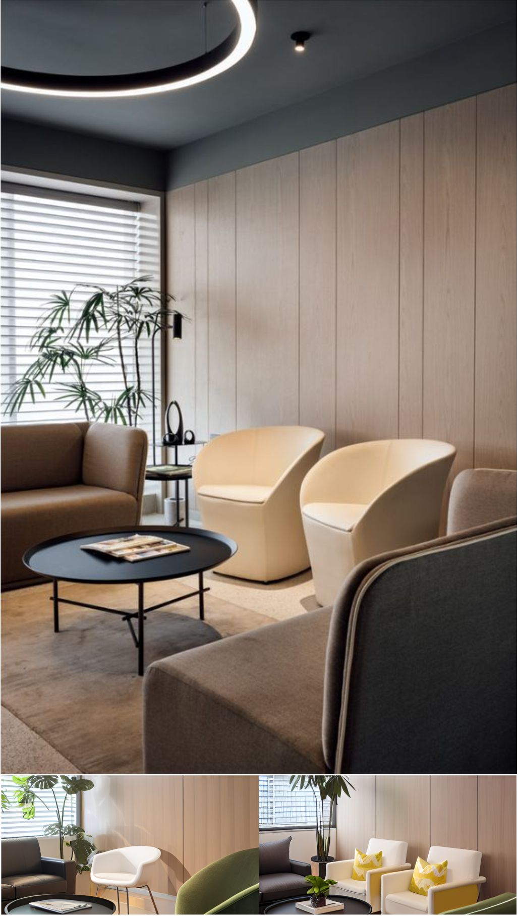 design interior office minimalist modern ( desain ruangan kantor minimalis modern ) sofa hitam putih kursi, ceiling hitam dengan hiasan elips, ada tumbuhan hijau