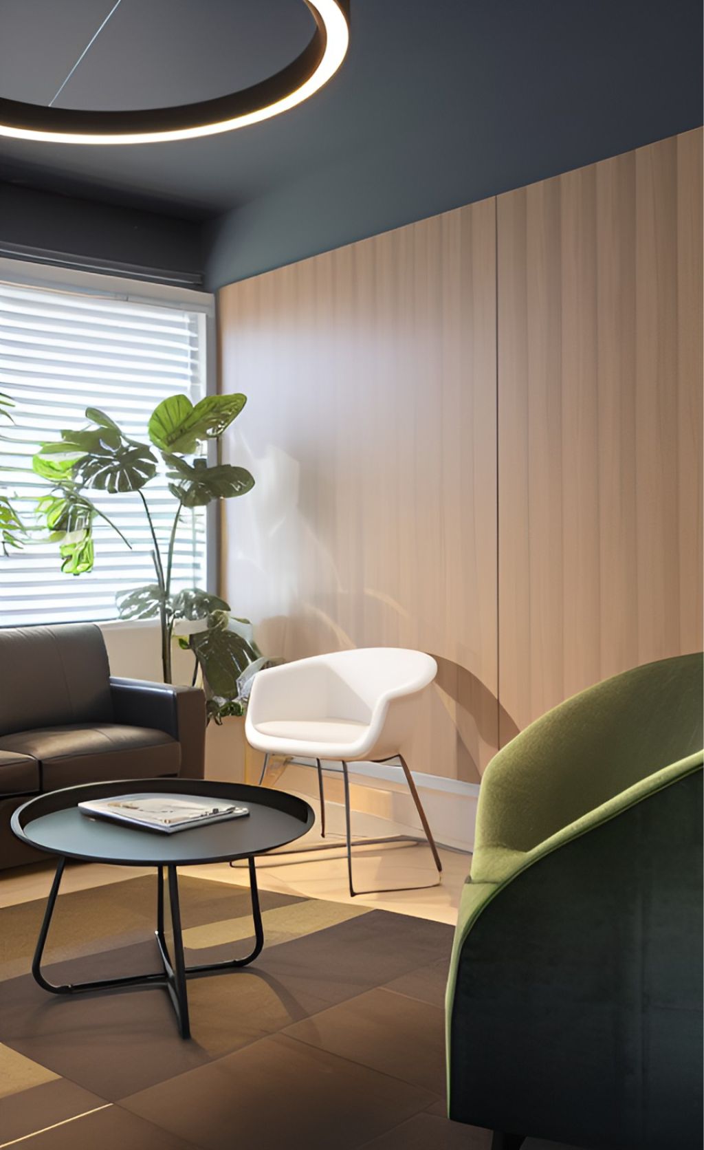 design interior office minimalist modern ( desain ruangan kantor minimalis modern ) sofa hitam putih kursi, ceiling hitam dengan hiasan elips, ada tumbuhan hijau