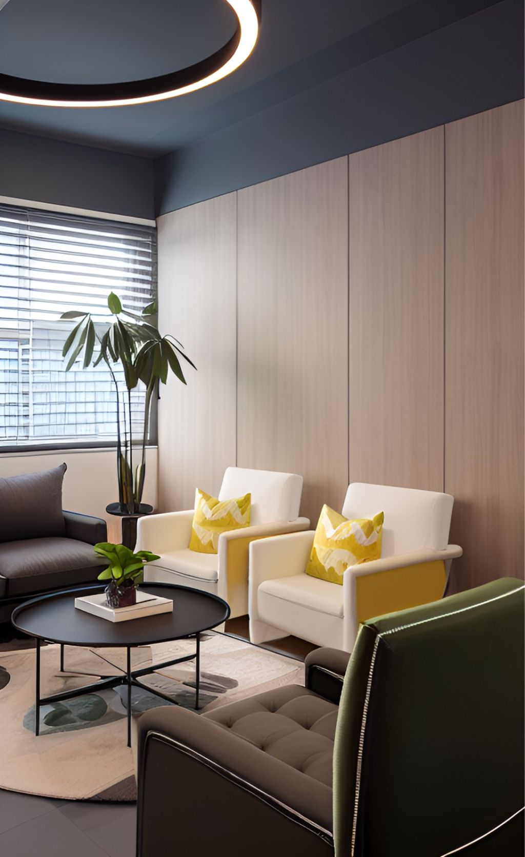 design interior office minimalist modern ( desain ruangan kantor minimalis modern ) sofa hitam putih kursi, ceiling hitam dengan hiasan elips, ada tumbuhan hijau