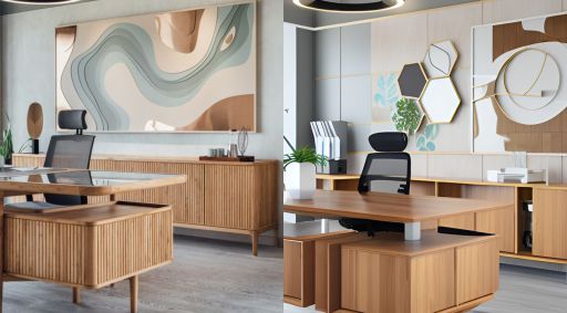 design interior office minimalist ( desain ruangan kantor minialis ) office with a wooden table created from tiled wood, top table material is glass, a black boss chair, a wooden cabinet created from tiled wood, a white wall with a painting, a green foliage over the cabinet, a white laptop and a white ceramic cup, circular decorative lamp hanging at the ceiling