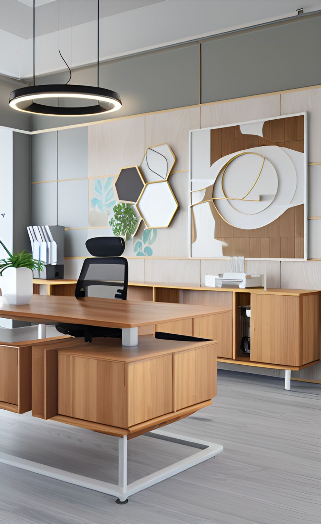 design interior office minimalist ( desain ruangan kantor minialis ) office with a wooden table created from tiled wood, top table material is glass, a black boss chair, a wooden cabinet created from tiled wood, a white wall with a painting, a green foliage over the cabinet, a white laptop and a white ceramic cup, circular decorative lamp hanging at the ceiling