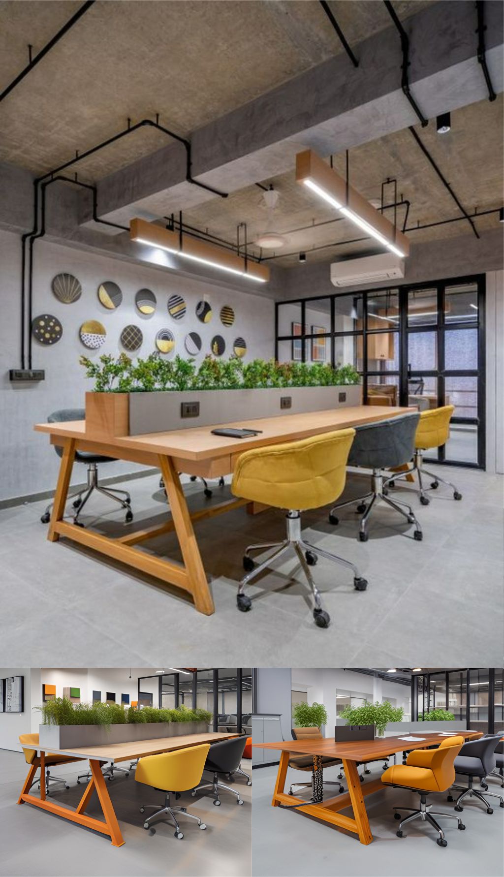contoh gambar photo desain ruangan kantor industrial ( design interior office industrial ) meja kayu, kursi unik, tumbuhan sepanjang meja