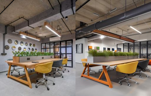 contoh gambar photo desain ruangan kantor industrial ( design interior office industrial ) meja kayu, kursi unik, tumbuhan sepanjang meja