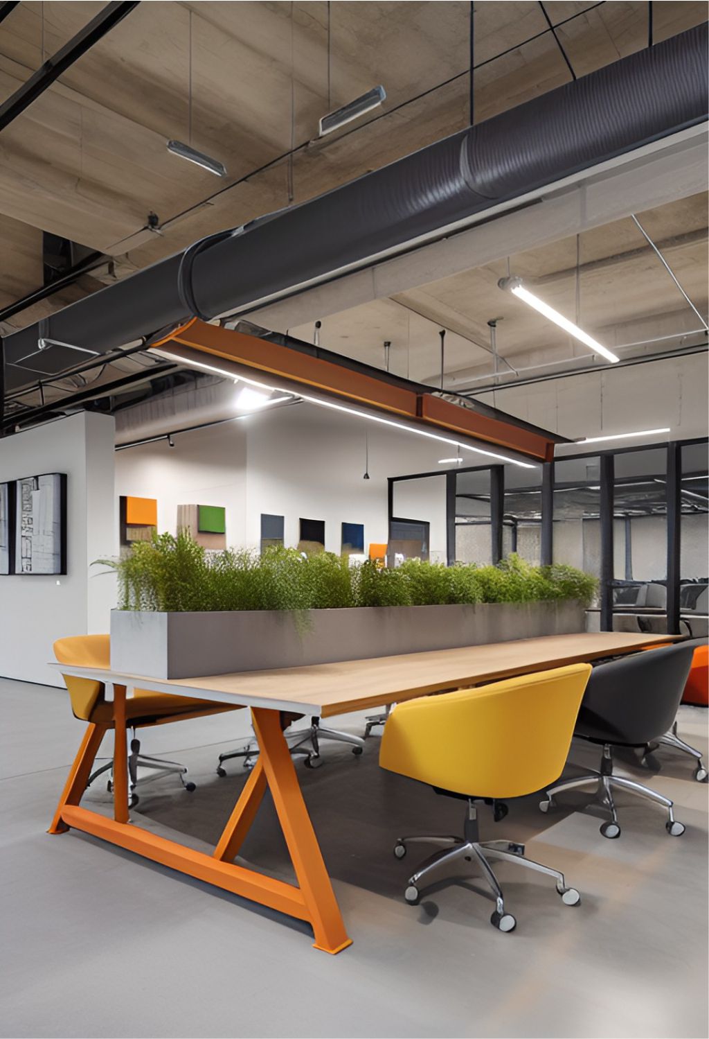 contoh gambar photo desain ruangan kantor industrial ( design interior office industrial ) meja kayu, kursi unik, tumbuhan sepanjang meja