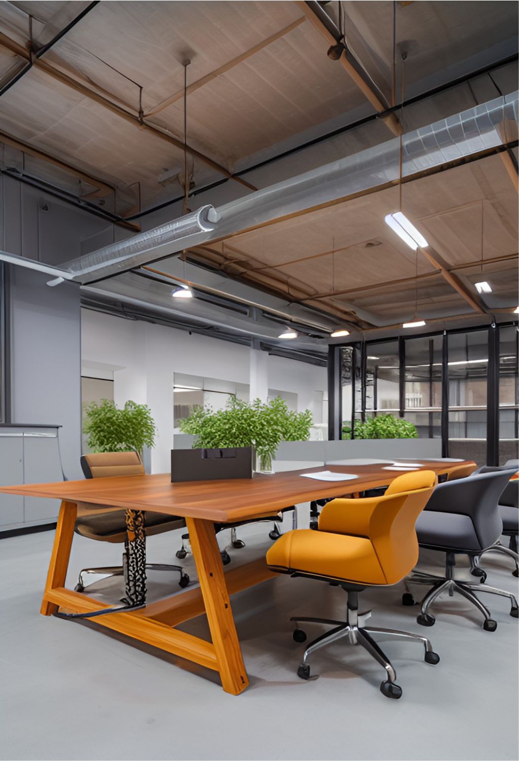 contoh gambar photo desain ruangan kantor industrial ( design interior office industrial ) meja kayu, kursi unik, tumbuhan sepanjang meja