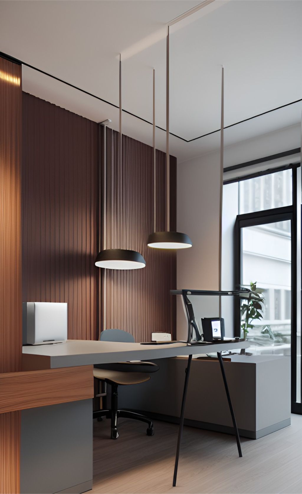 contoh photo desain ruangan kantor minimalis ( design interior office minimalist) meja hitam, wallpanel hitam, rak, material hpl