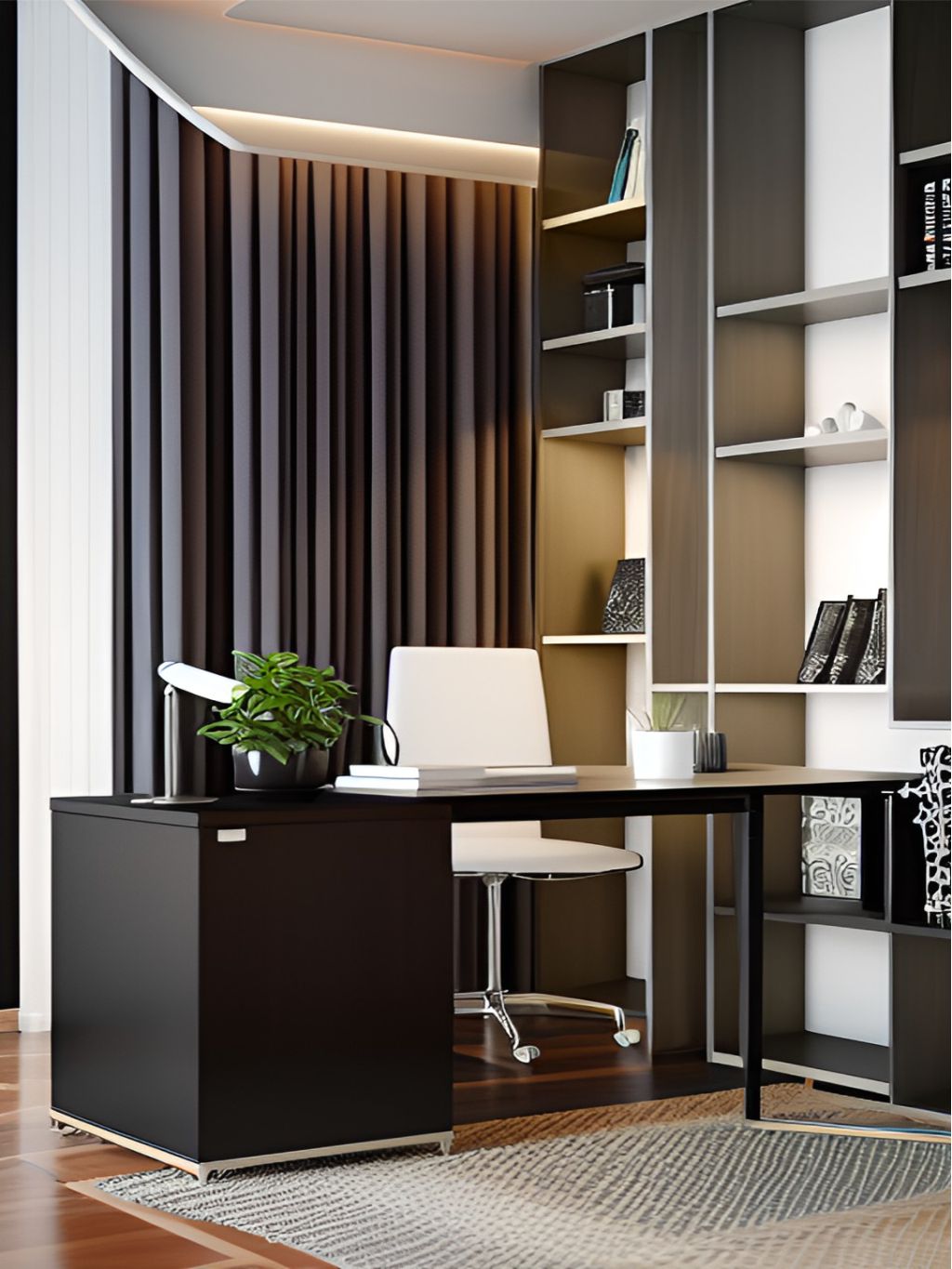 contoh gambar photo desain ruangan kantor minimalis modern ( design interior office modern minimalist ) meja hitam, rak hitam bahan HPL