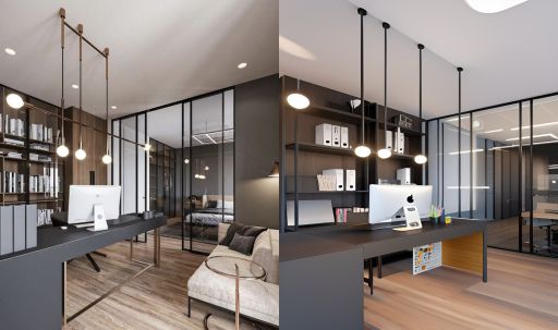 contoh gambar photo desain ruangan kantor minimalis modern ( design interior modern minimalist ), meja hitam, rak hitam, flooring LVT