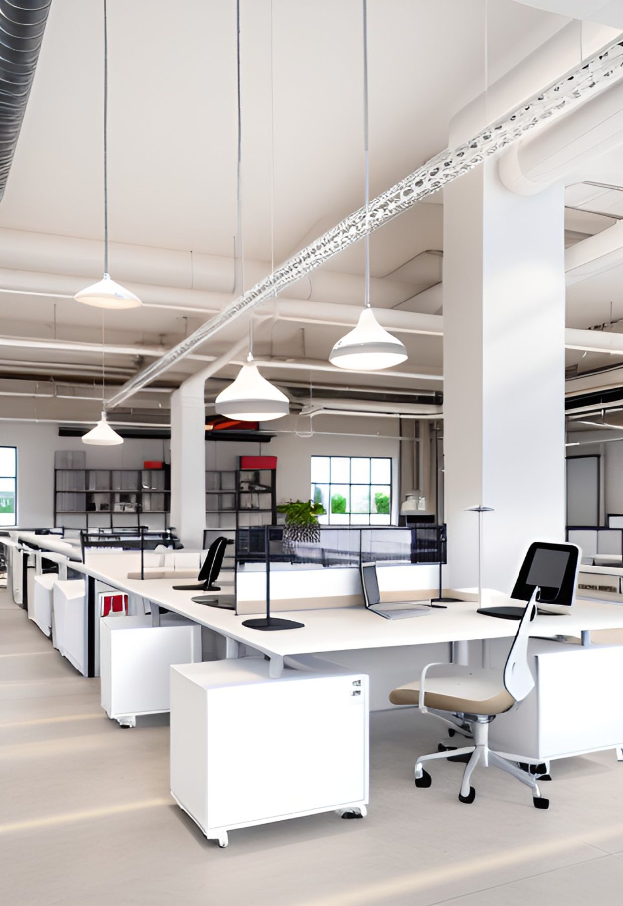 contoh gambar desain ruangan kantor industrial ( design interior office industrial ) office industrial style with a white pillar, table with seperator and X legs shape, some white chair with black part on the back rest, 2 boxes with a drawer each,  3 white hanging lamps, pipes decorating the ceiling