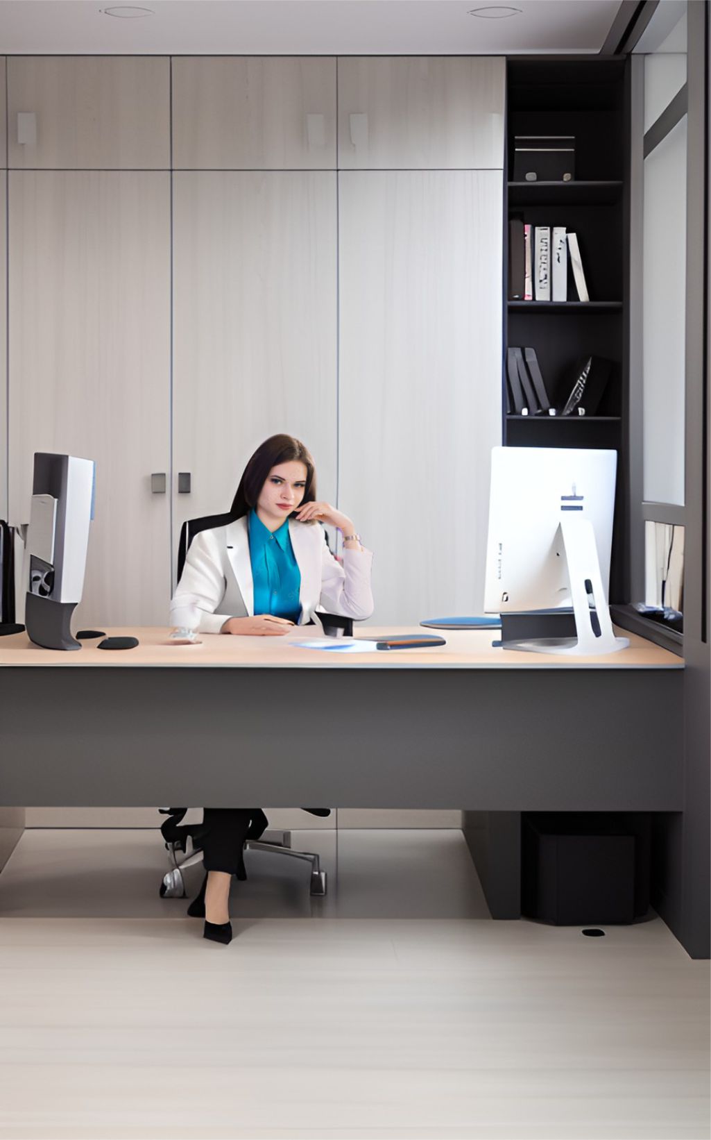 contoh gambar photo desain kantor minimalis putih bersih texture kayu ( design interior office minimalist )