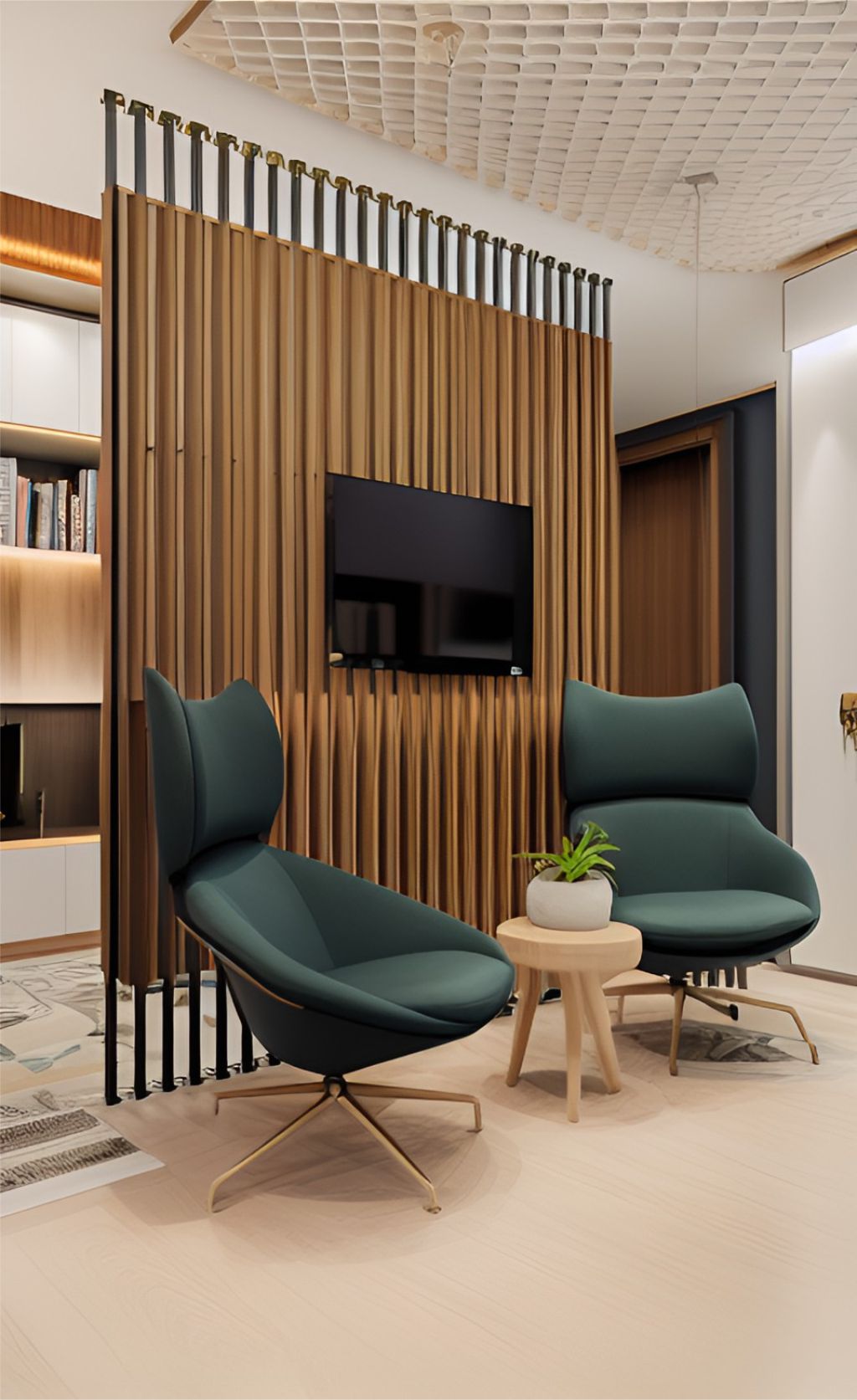 desain ruangan kantor minimalis modern ( design office interior modern minimalist ) material HPL finishing Duco, Flooring LVT