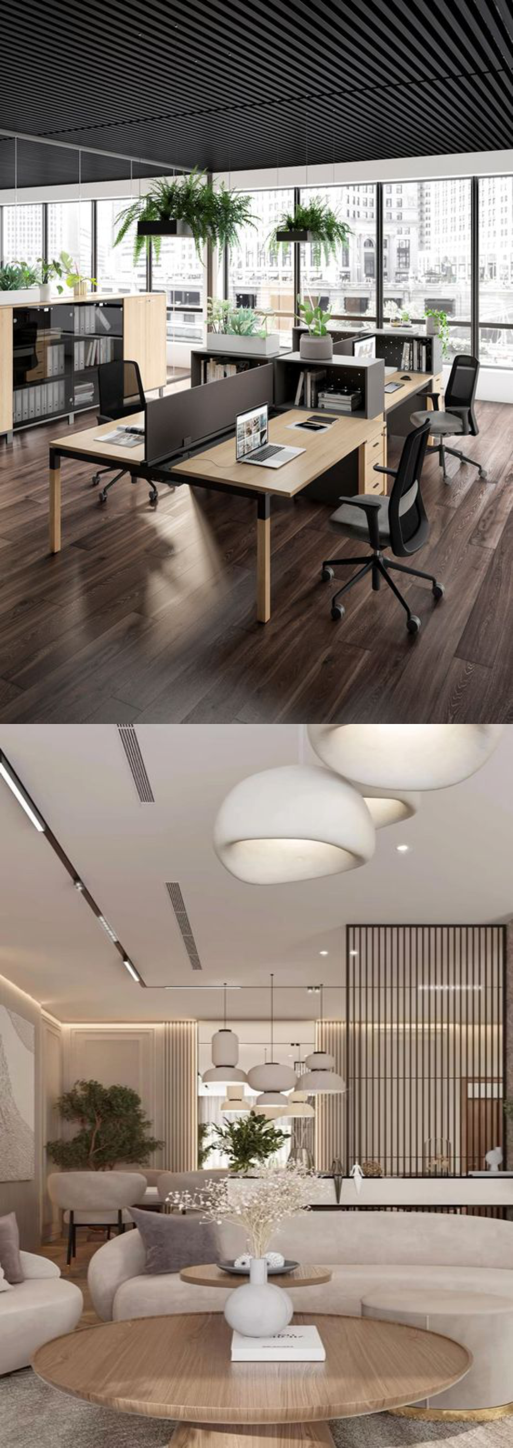 design interior kantor dan Ruang tamu (living room)minimalis modern di bogor Flooring LVT furniture HPL tekstur Kayu