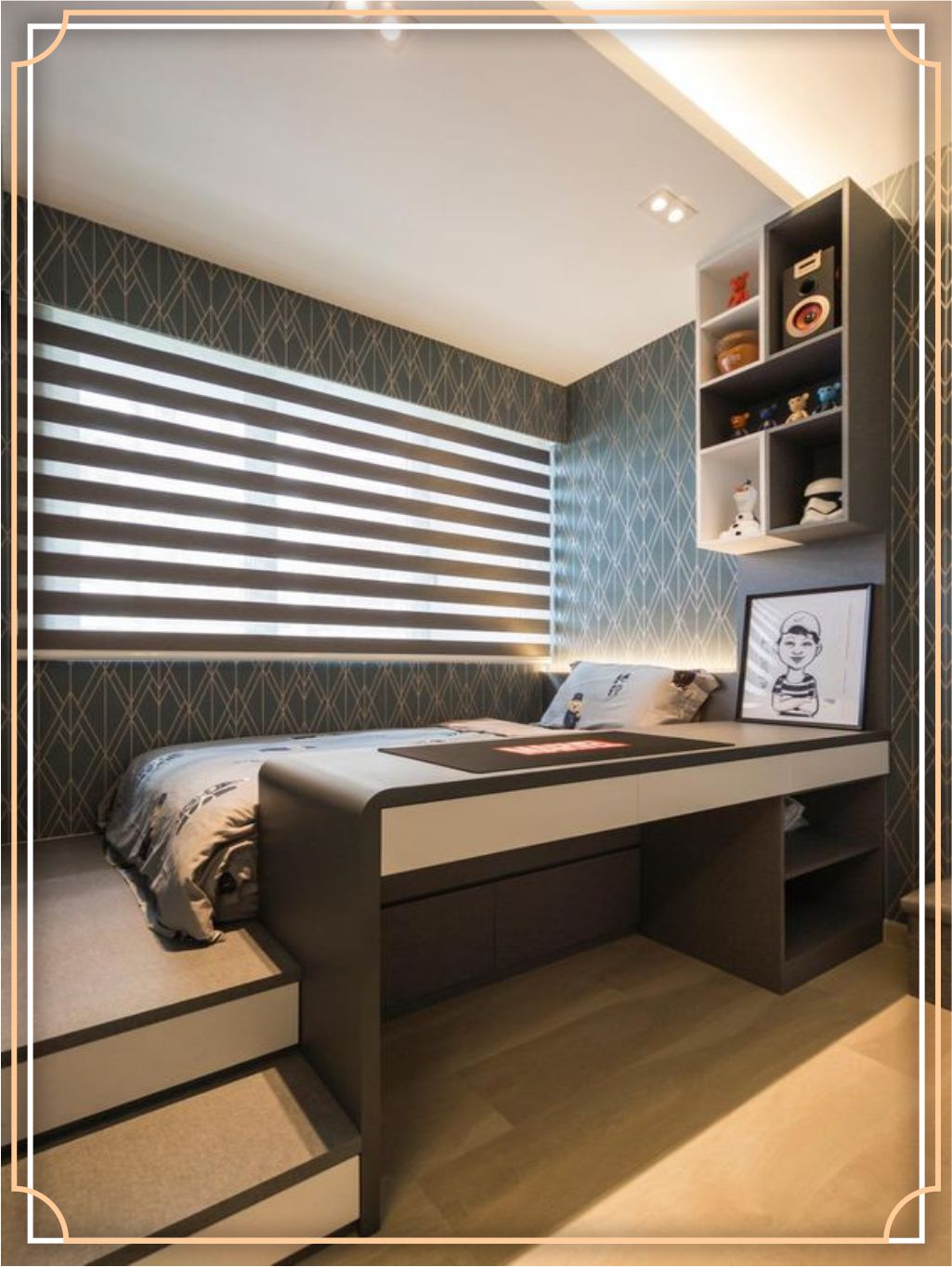 design interior kamar tidur (bedroom) modern minimalis hitam putih abu-abu brown lighting warm  di kebon jeruk - jakarta barat