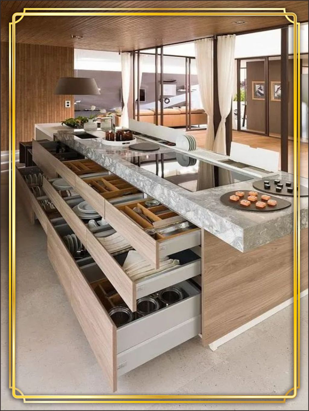 design interior kitchen dapur modern minimalis bahan HPL motif kayu warna warm earthy tones solid surface granit