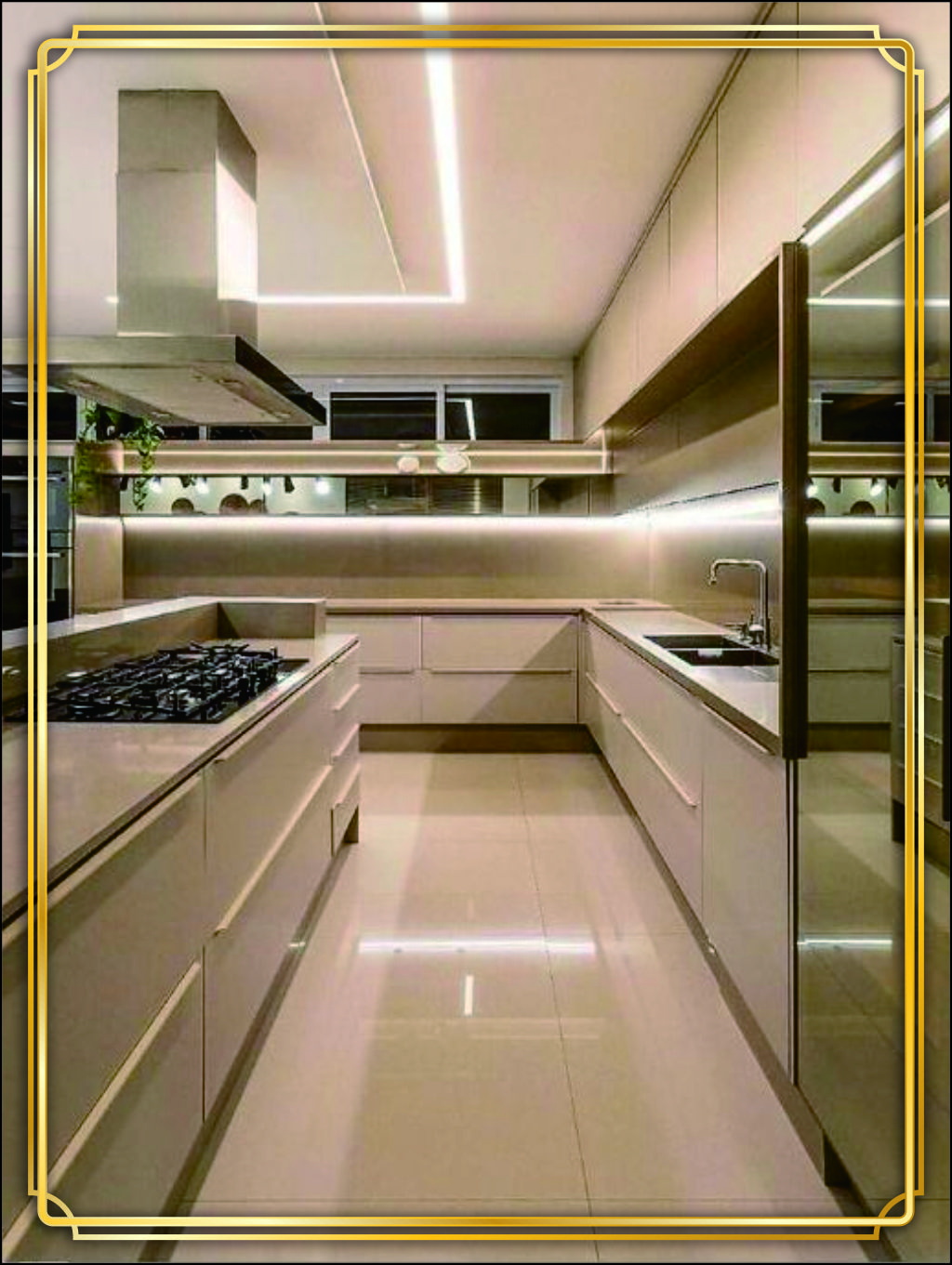 design interior kitchen dapur modern minimalis material HPL finishing Duco warna Putih sleek lighting warm
