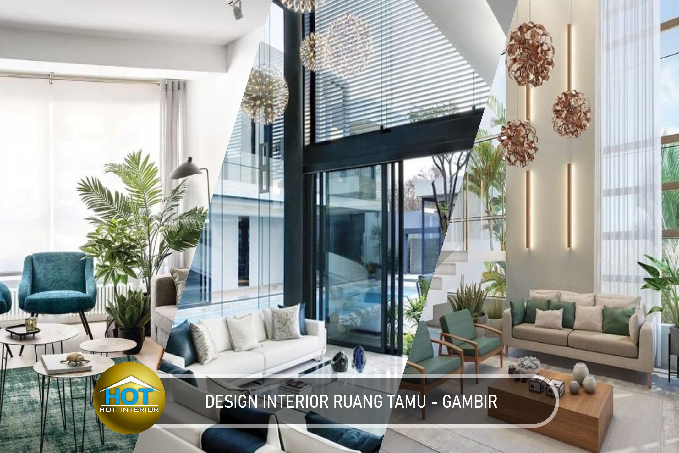 design interior ruang tamu ( livingroom ) thema warna cool dengan sentuhan tubuhan tropis di gambir - Jakarta pusat
