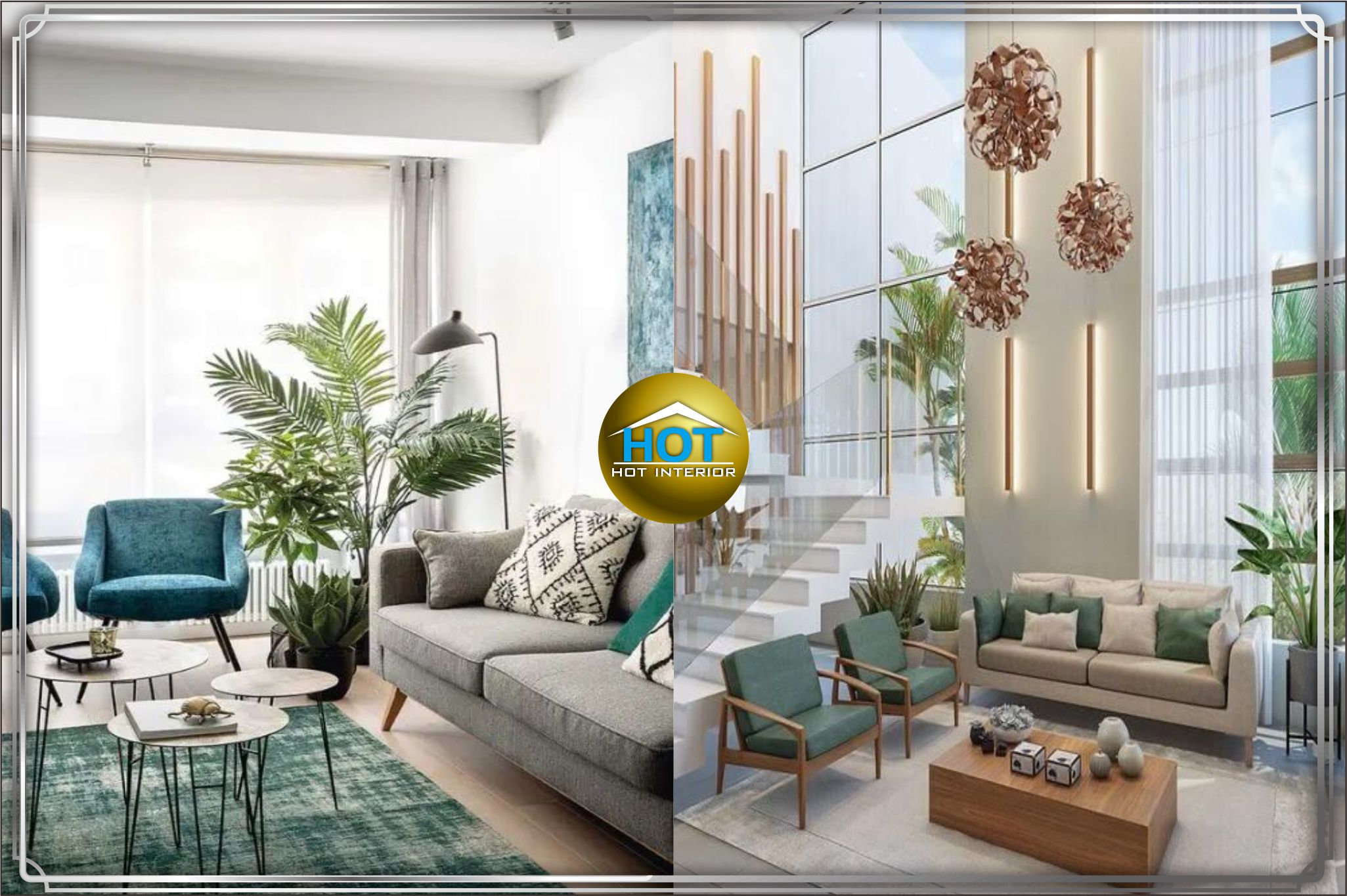 design interior ruang tamu ( livingroom ) thema warna cool dengan sentuhan tubuhan tropis di gambir - Jakarta pusat