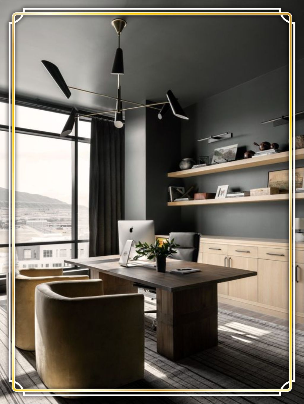 design interior office ( kantor ) modern minimalis warna hitam silver grey coklat krem hpl finishing duco